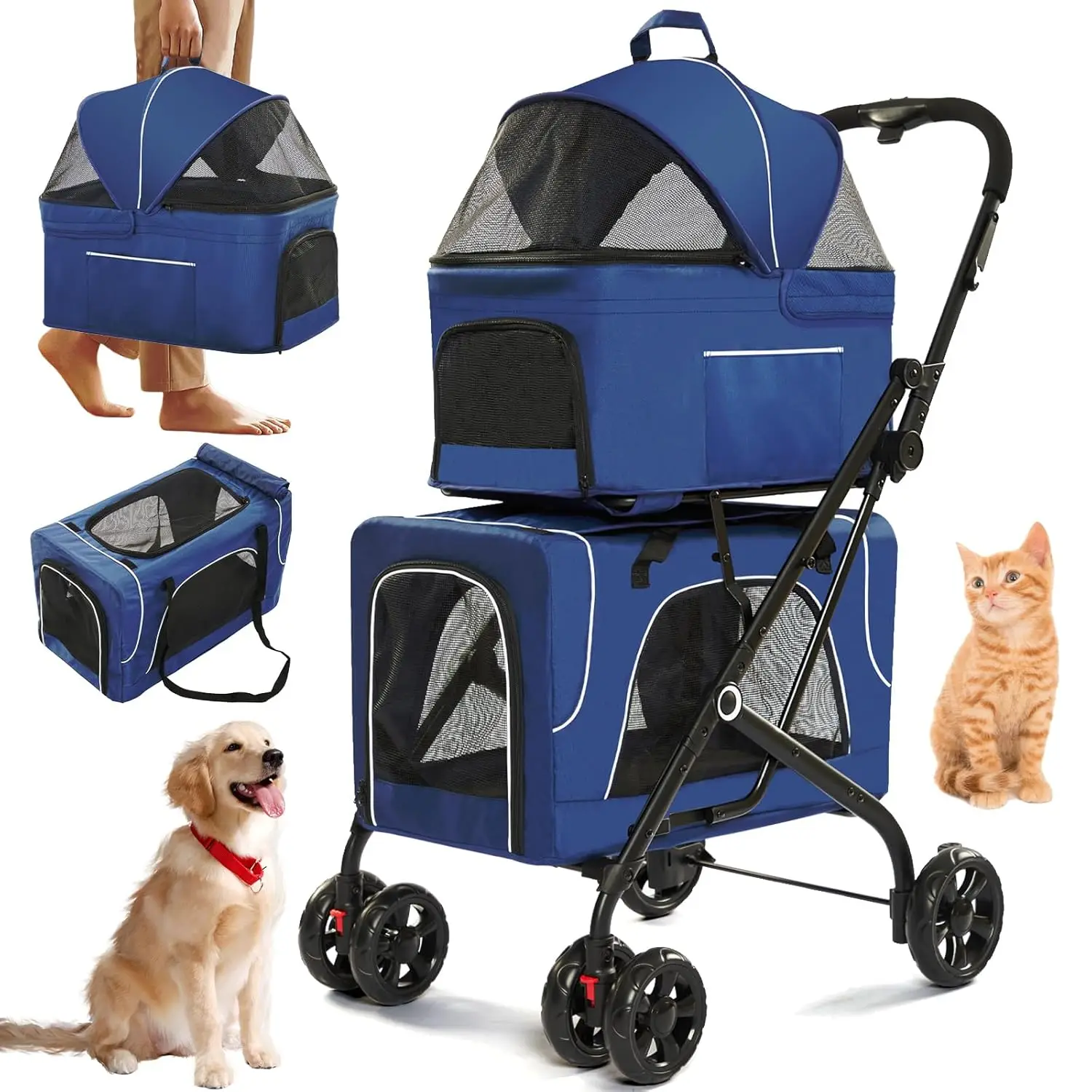 

4in1 Dog Stroller for Small/Medium Pets with Detachable Carriers Durable Pet Stroller with Wheels Cat Dog Cart with 600D Oxford