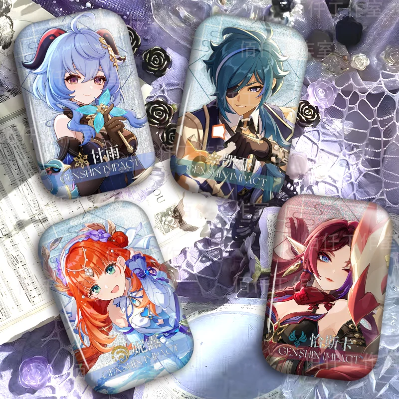 Genshin Impact Fan‑Made Badge Kinich Kaeya Birthday Greeting Image Silver Glitter Tin Pin Brooch Charm Collectible Souvenir Gift