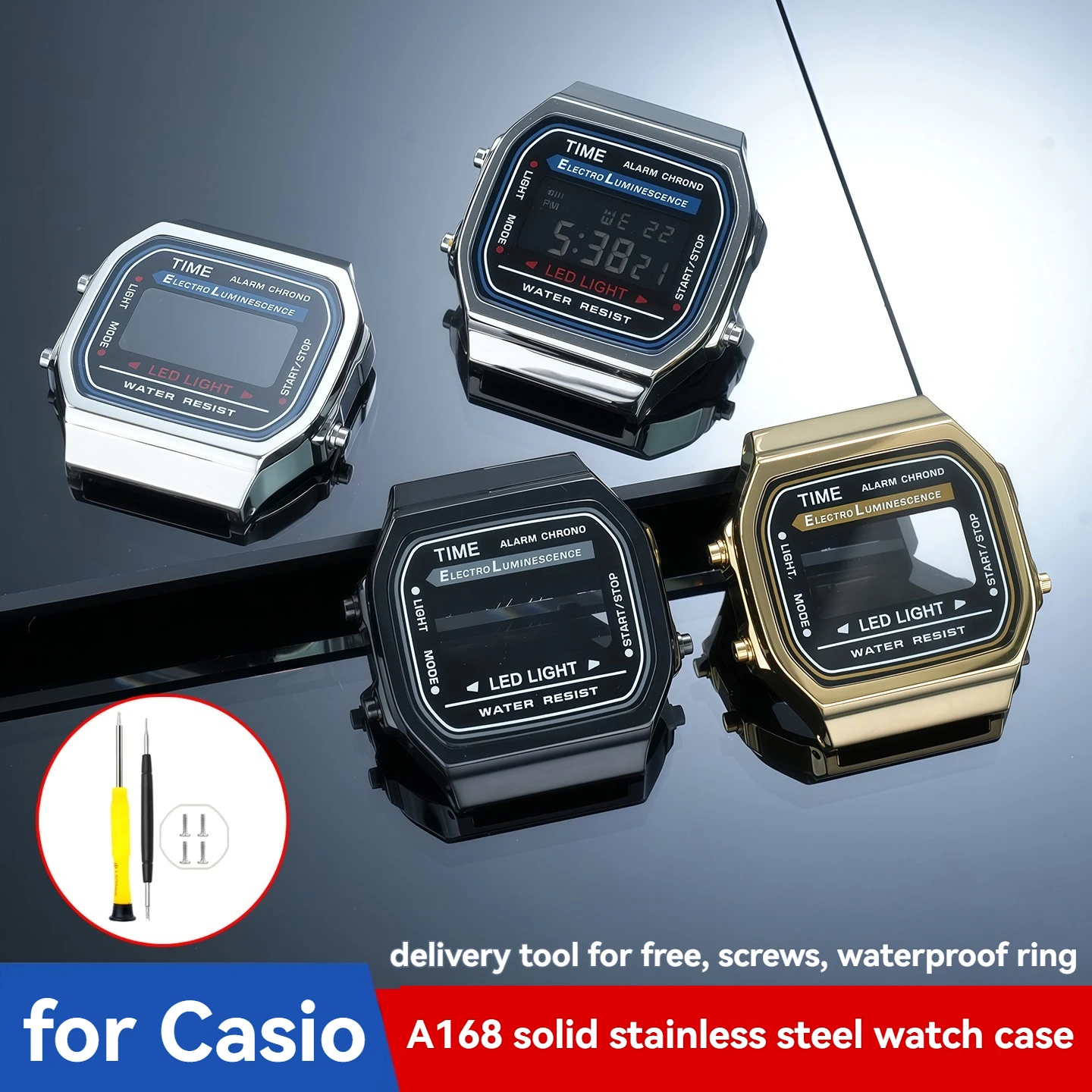 Stainless Steel Case Bezel Mod Kit for Casio A168 A168WA 3298 – High Quality Solid Metal Shell & Strap, Watch Upgrade Accessory