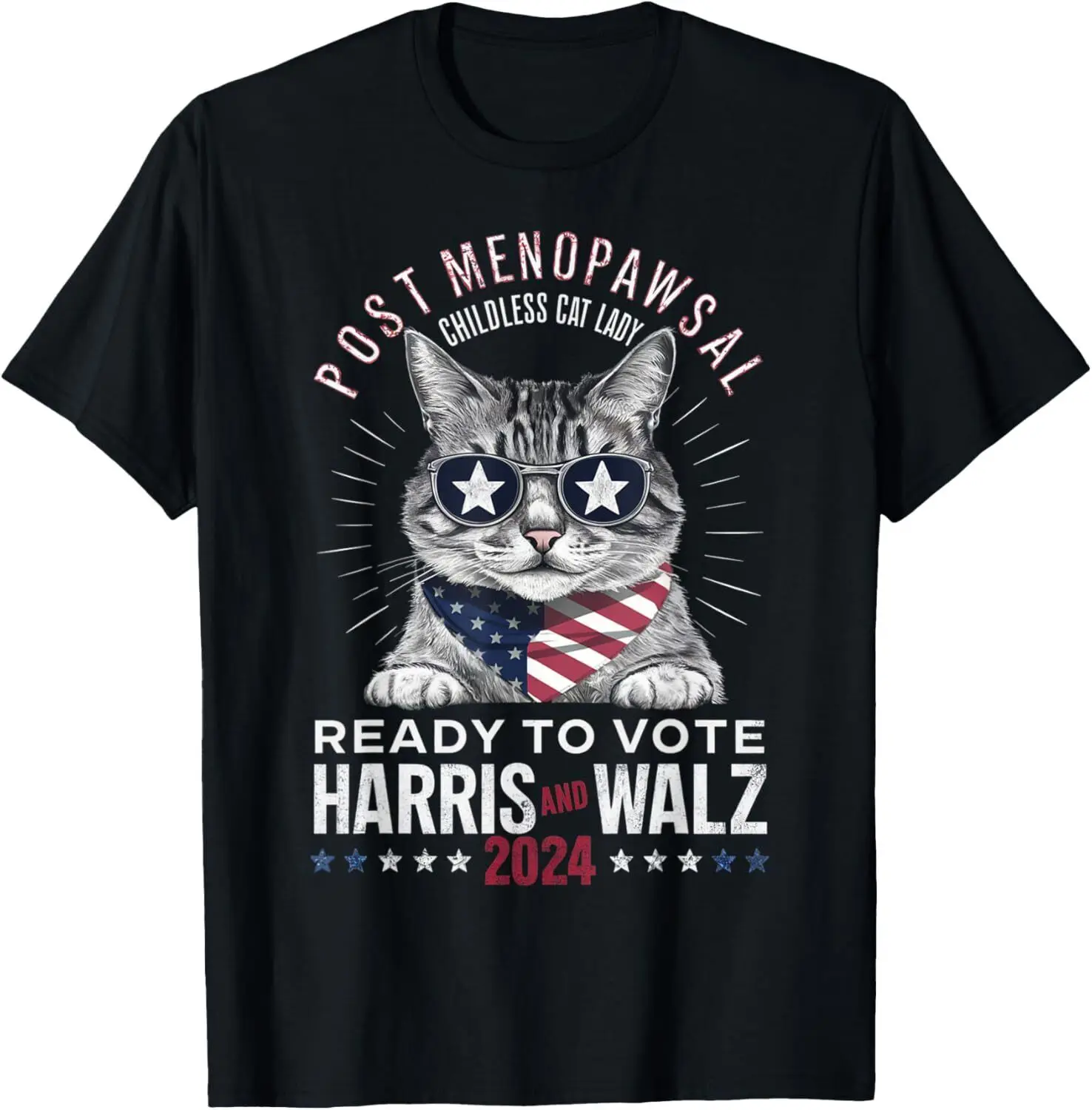 KAMALA Post-Menopausal Childless Cat Lady Ready to Vote Walz T-Shirt