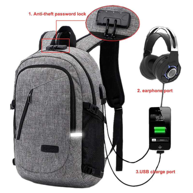 2023 Men Anti Theft Backpack Boy Knapsack Coded Lock USB Charging Earphone Interface Laptop Male Travel Bag Schoolbag Rucksack