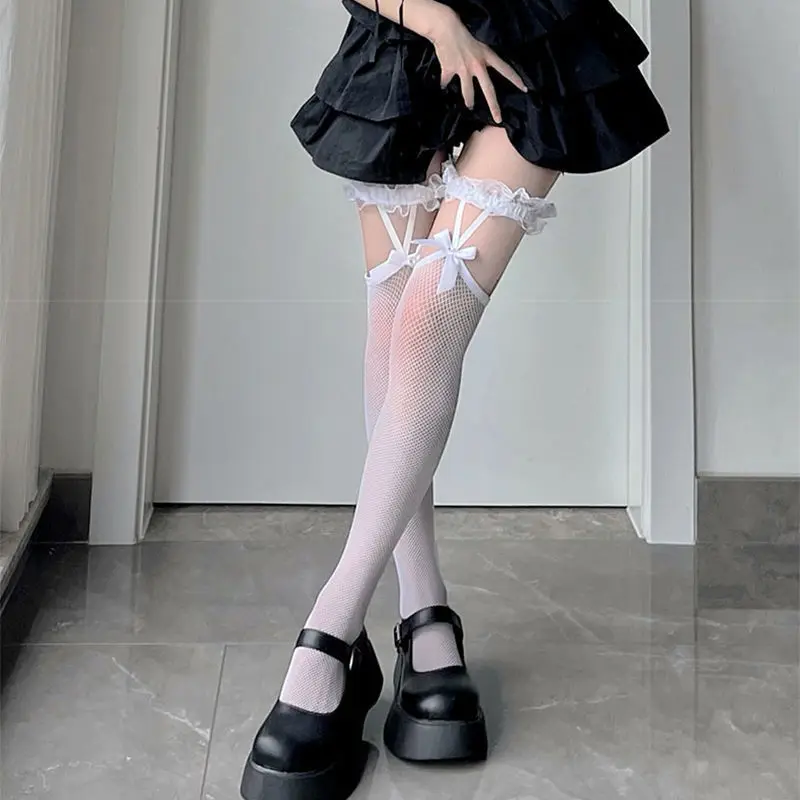 Bas Lolita en fil de coton pour fille, bas chauds, cuisse haute, nœud sur le genou, long tube, JK