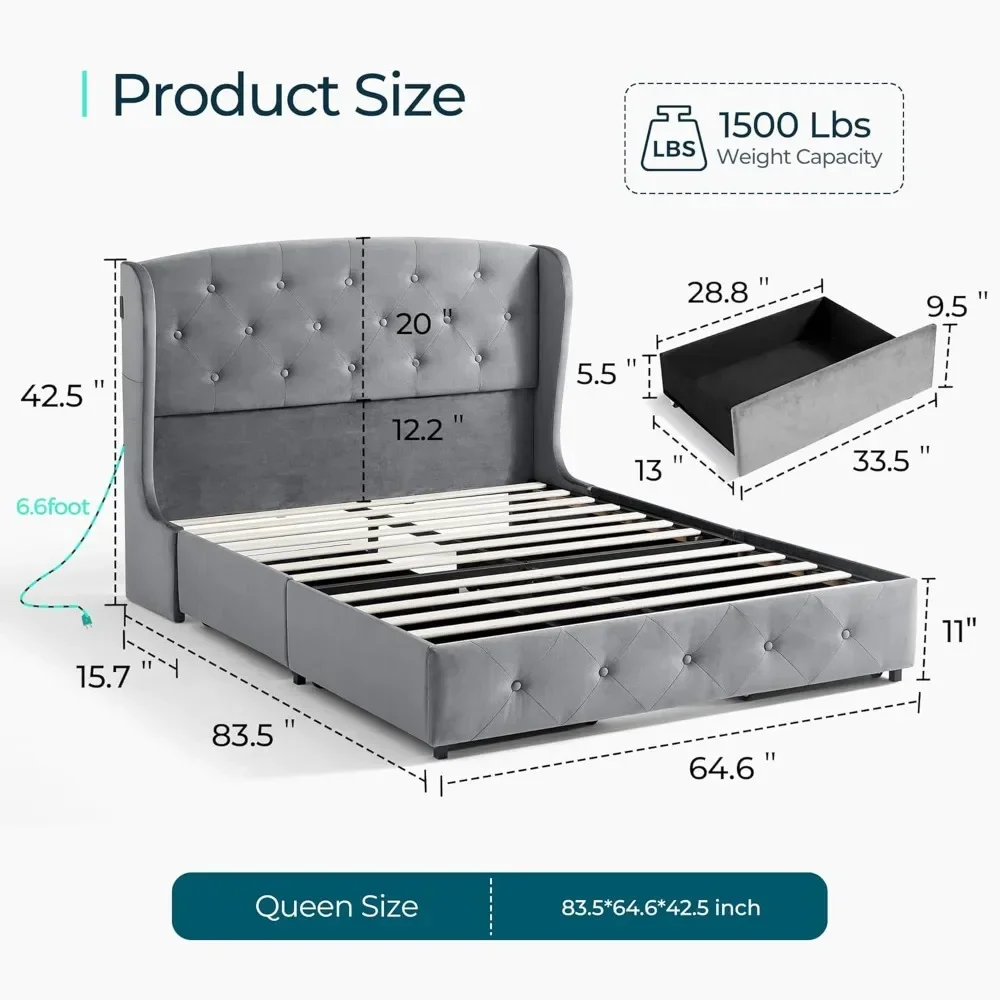 Bed Frame, Velvet Upholstered Bed Frame with RGB Lights & USB-C Charger, Platform Bed Frame Queen Size with Storage