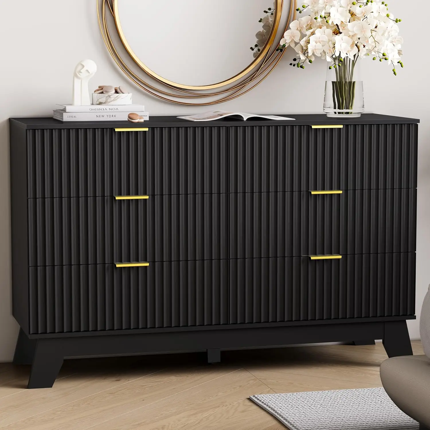 6 Drawer Dresser for Bedroom, Black Fluted Dresser Chest of Drawers with Gold Handle, Wood Mid Century Modern