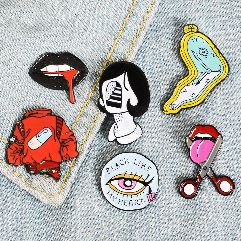 Girl Pines Denim Shirt Lapel Pins Bag Punk Cool Jewelry Gift for Friends Pill Eyeliner Tongue Lips Enamel Brooch Twisted Clock