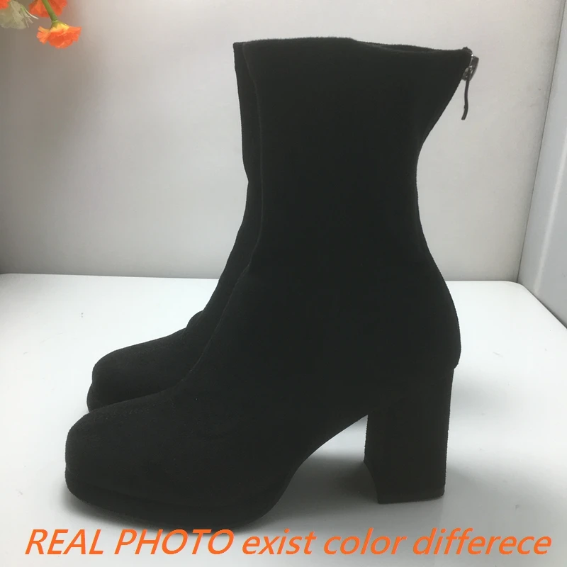 REAVE CAT Fashion 8.5cm Block Heel 1.5cm Platform Flock Block Ankle Boots Stretchy Antislip Shoes Big Size 48 US17 Apricot