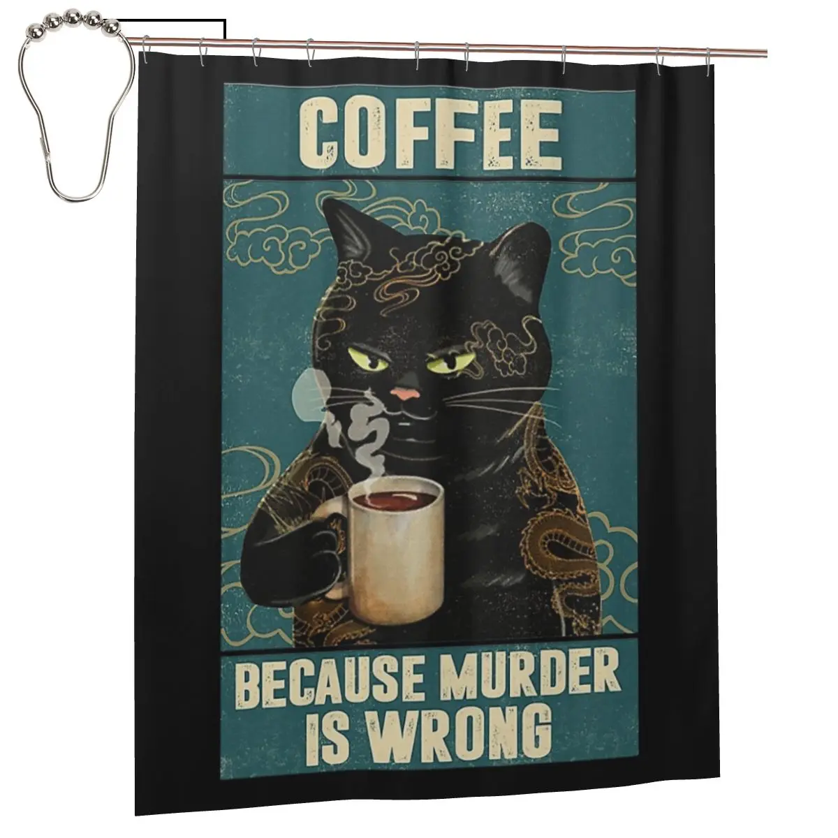 

Black Cat Coffee Shower Curtain Bathroom Polyester Waterproof Bath Curtains with Hooks