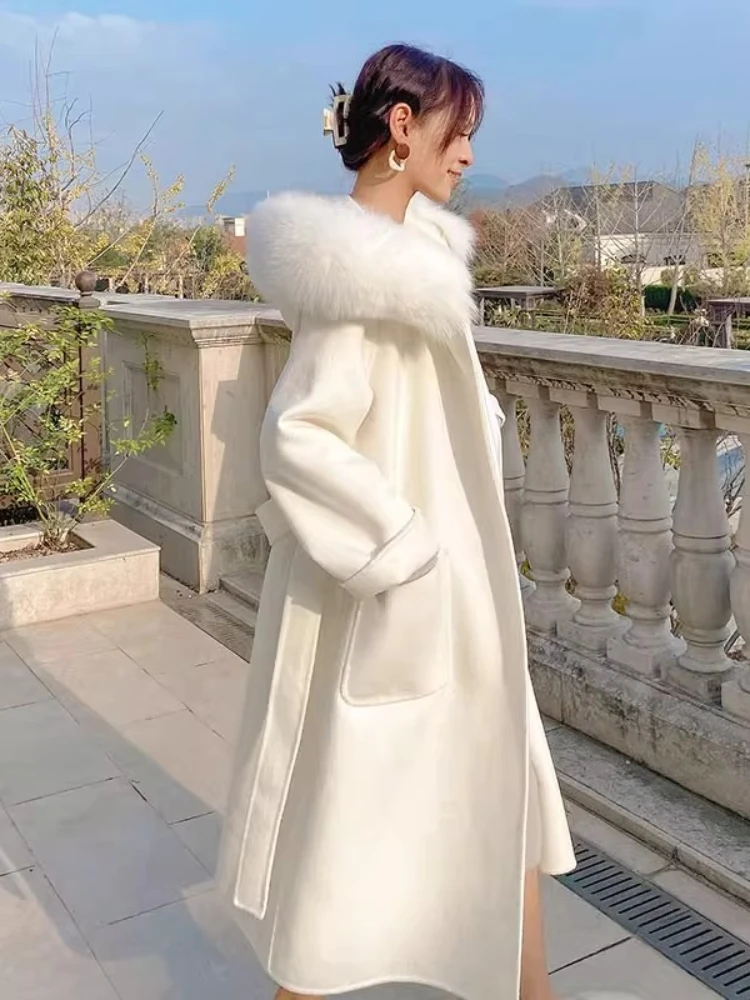 

Big Fur Collar Woolen Coat Women Fall/Winter Hooded Lace-Up Slim Parkas Elegant Quilted Thicken Warm Outwear Mid-Length Jacket