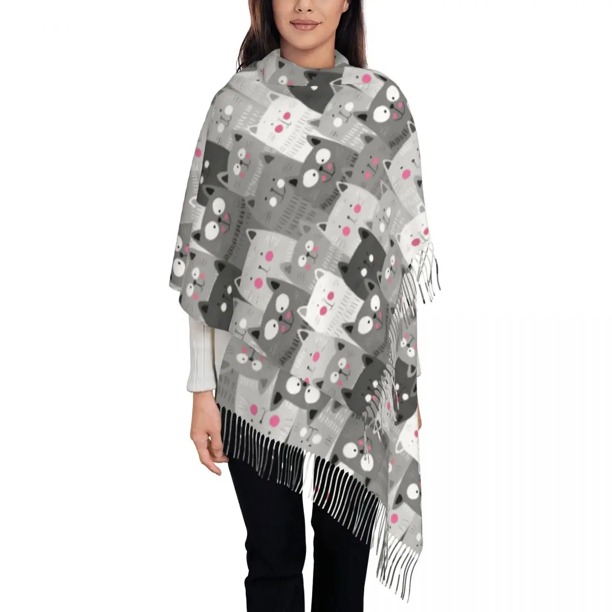 

Kawaii Cat Collage Scarf for Womens Winter Fall Shawl Wrap Long Large Scarves with Tassel for Evening Dress