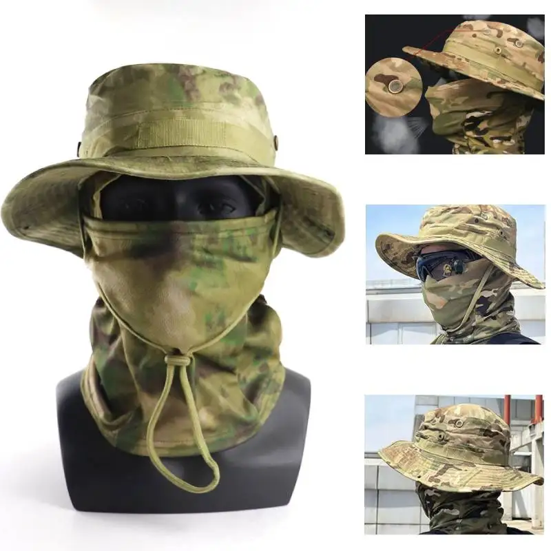 Outdoor Fishing Benny Cap Adjustable Benny Hat and Mask Sunblock UV Protection Neck Face Camouflage Hats for Hiking Fishing