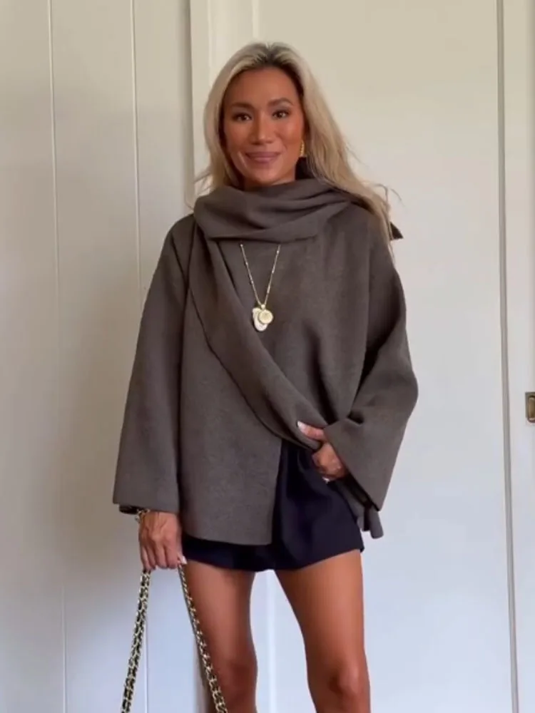 HH-abrigo de estilo callejero para mujer, cárdigan de punto a cuadros de otoño, bufanda elegante con cuello, decoración de bolsillo, abrigo corto holgado de manga larga