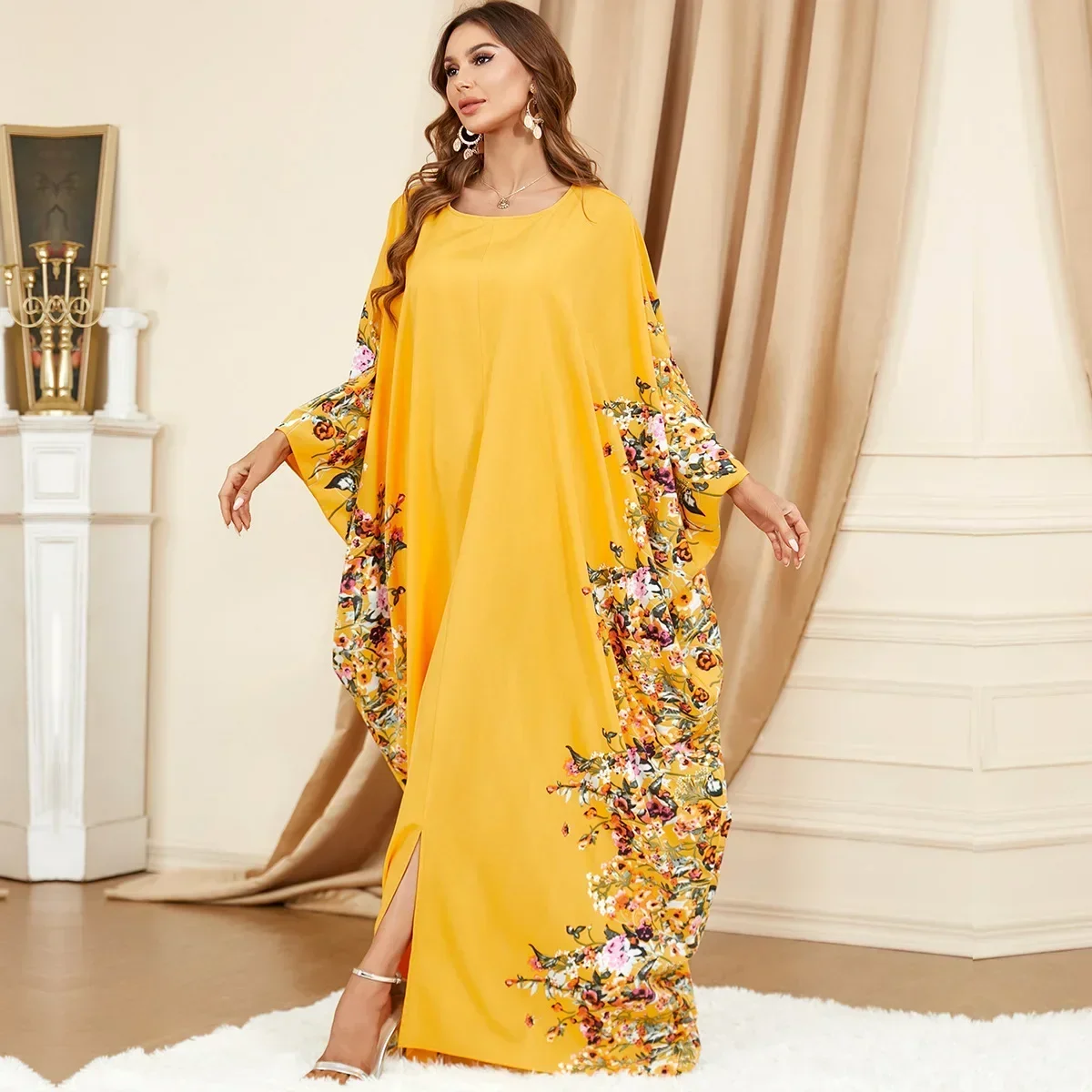 Dubai Yellow Bat Sleeve Loose Muslim Abaya Dress Fashion Plus Size Women Dress Casual Robe Moroccan Caftan Dresses for Women