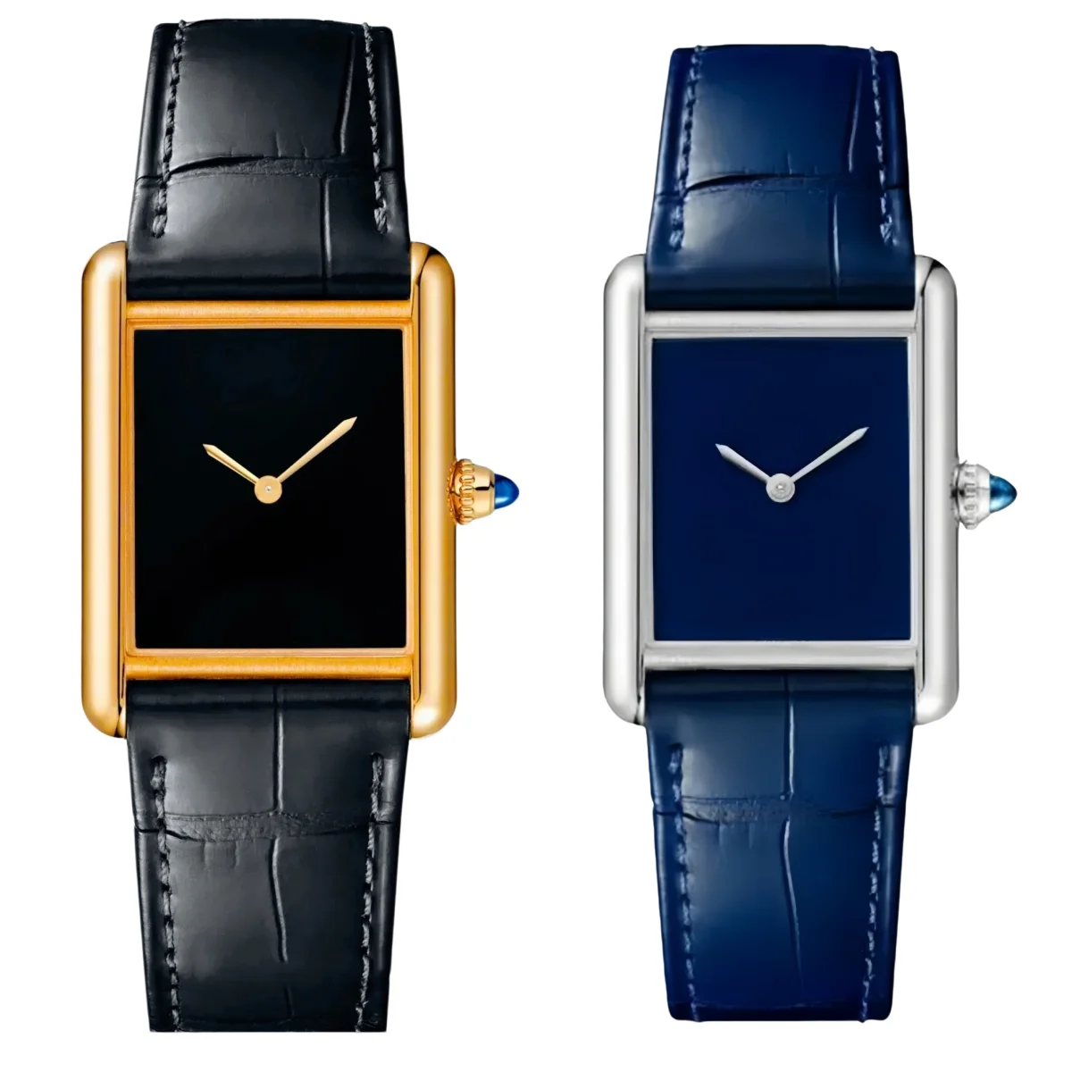 Vintage Square Gold Case Women Quartz Watch Blue Gem Crown Crocodile Leather Strap Luxury Waterproof Wristwatch
