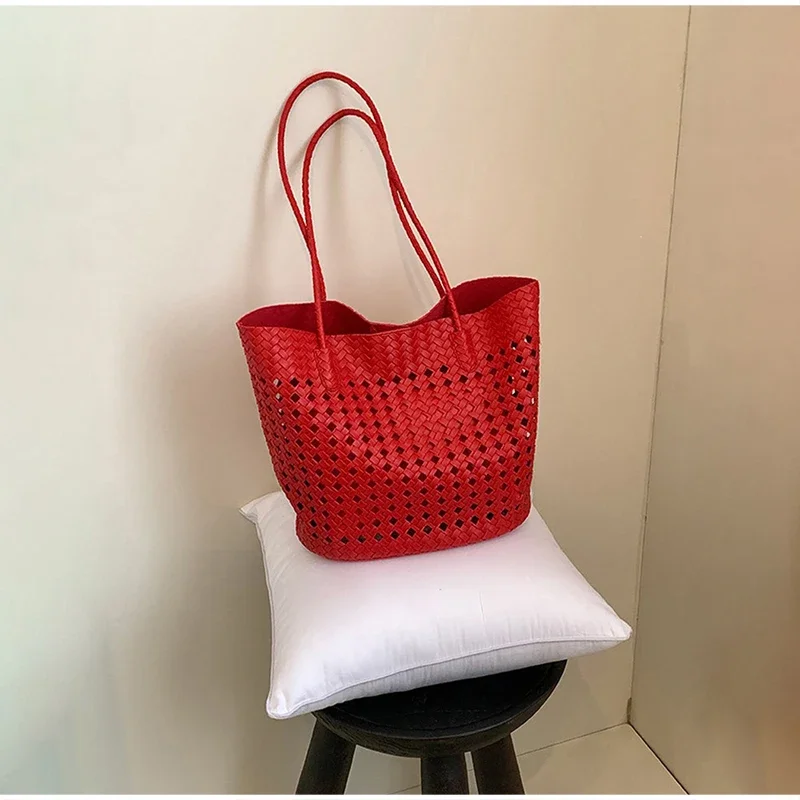 Rattan-Geflochtene Hohle Schultertasche mit Passender Geldbörse, Sommer-Shopper für Markt, Strand und Pendeln, Leichte Handtasche mit Offener Webung – Detail 18