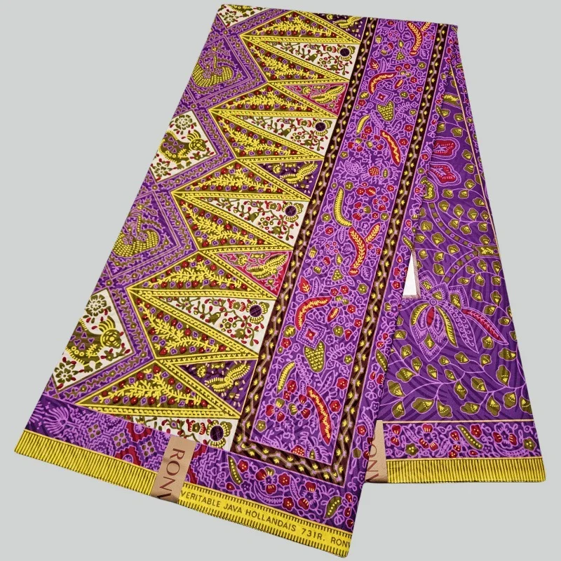 

46Inch * 6Yards As One Piece Golden Printed Purple African Cotton Batik Fabric for Sewing Wax Clothes Pants Cushion Covers R2310