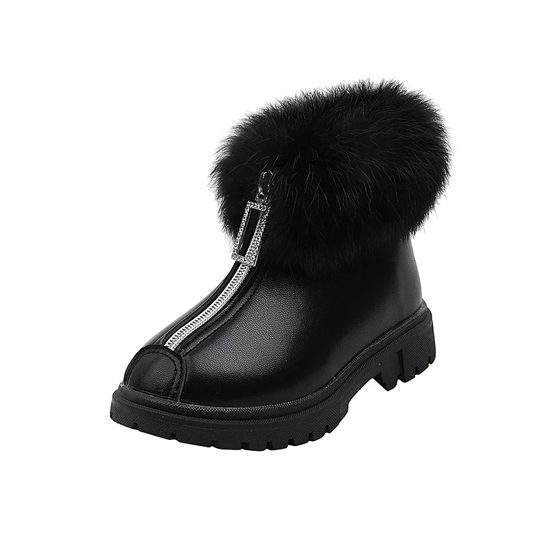 Fashion Kids Boots for Girl Black White Fluffy Girls Snow Boots Front Zipper Plush Warm Winter Princess Children Shoes CSH1557