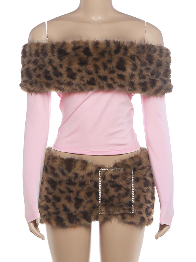 Nibber 2-teiliges Set für Damen, Leopardenmuster, pelziges Patchwork, Slash-Ausschnitt, volle Ärmel, T-Shirts + Miniröcke mit Strass-Dekoration, modische Anzüge – Detail 3