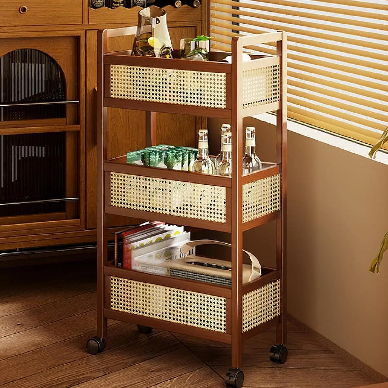 3 Tier Rolling Wood Cart Storage Organizer Movable Floor-Standing Multi-Tiered Snack Cart Storage Rack For Bedroom Multifunction image 2