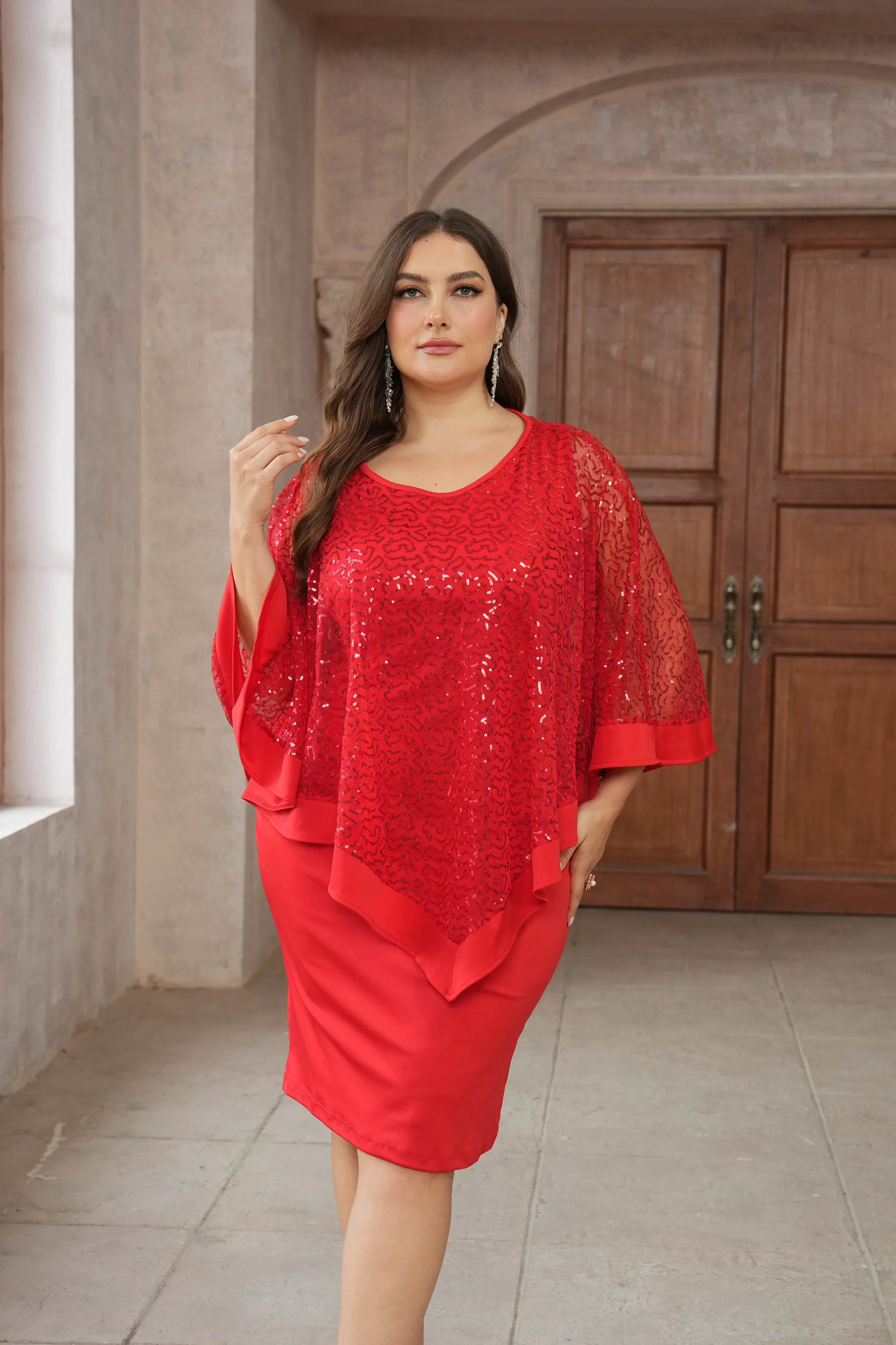 Plus Size Elegancka damska suknia wieczorowa Luksusowy i dostojny szal z cekinami Okrągły dekolt Plus Size Sukienka na wesele