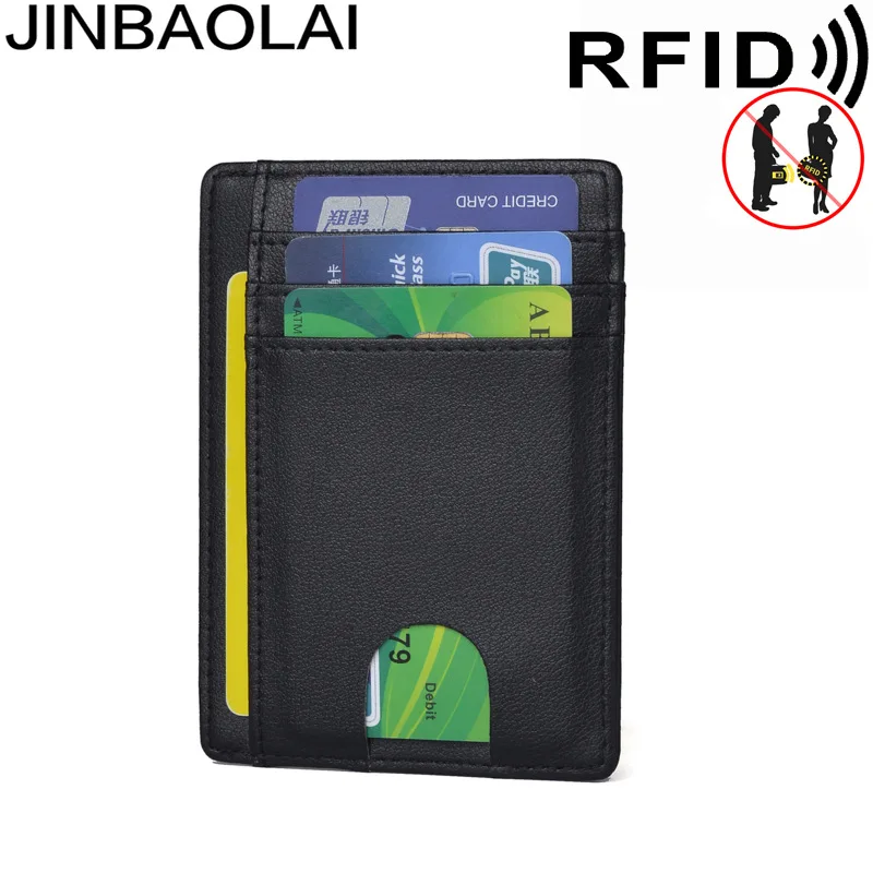 

JINBAOLAI Genuine Leather RFID Blocking Card Wallet Mini ID Credit Card Holder Men Women Fashion Coin Purse Bank Card Holder