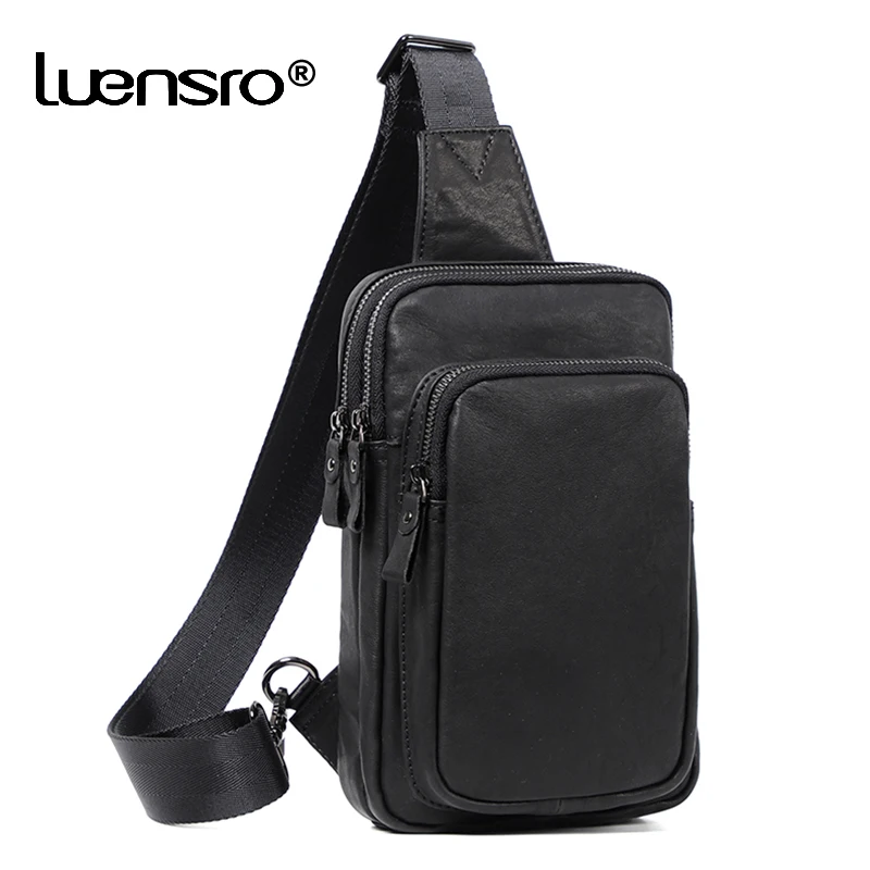 100% Genuine Leather Sling Bag Soft Cowhide Men Messenger Bags for Men Black Chest Bags for Phone Casual Sport Shoulder Bag Pack