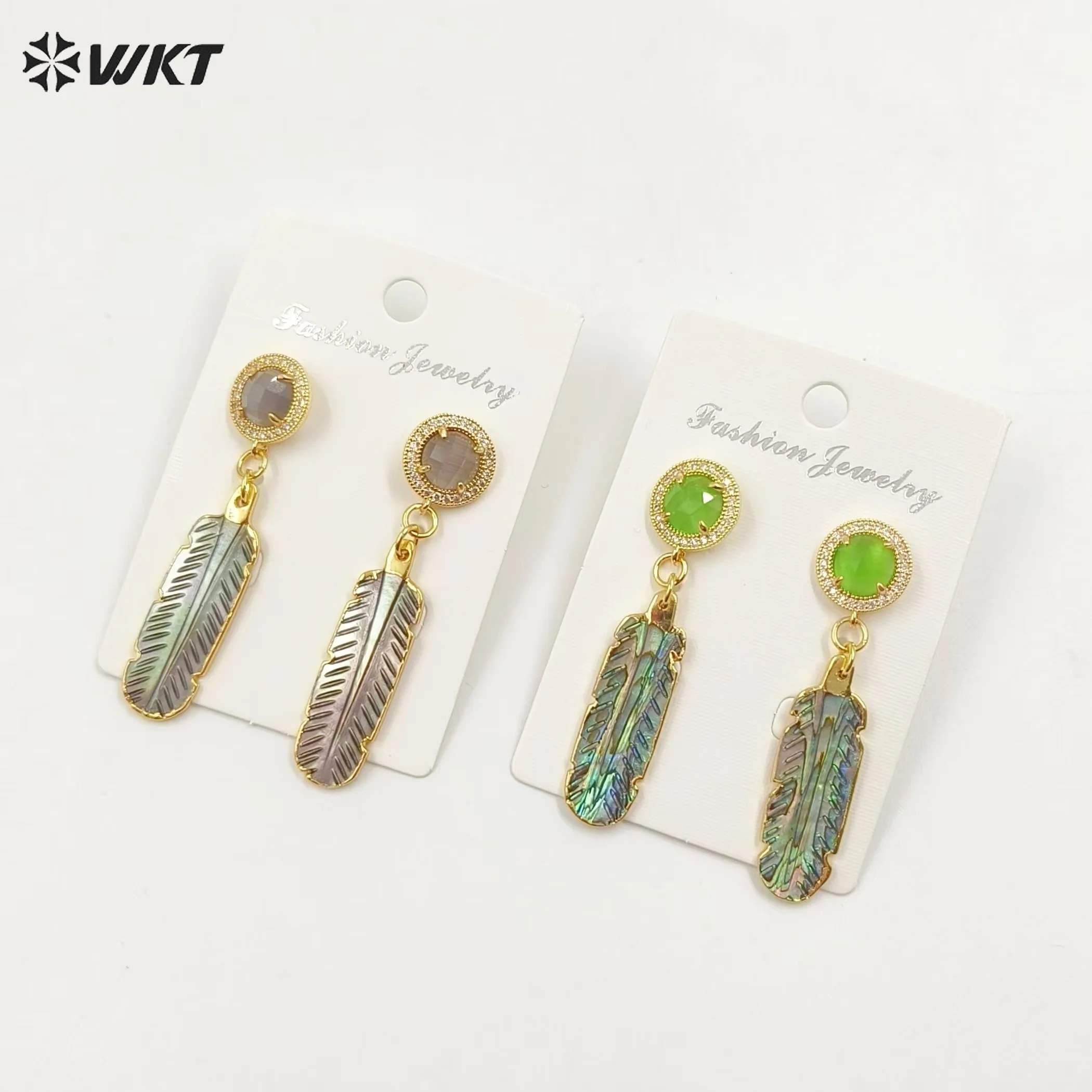 WT-MPE145 New Arrival Colored Gemstone Cat Eye Stone And Feather Shape Long Shell Earring For Women Skirt Decorative