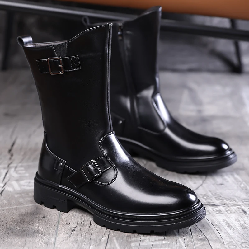 large size men's casual stage nightclub high motorcycle boots black brown platform shoes cowboy soft leather boot long botas man
