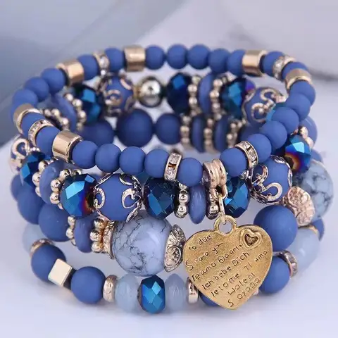 4 개/대 여성을위한 Boho 스트랜드 팔찌 크리스탈 비즈 팔찌 하트 편지 탄성 Bangles 팔찌 요가 쥬얼리 선물