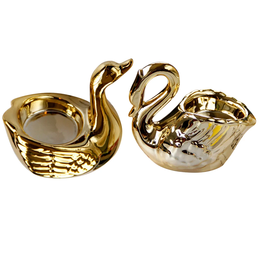 2 szt. Złote ceramiczne świeczniki w kształcie łabędzia, wykwintna i stylowa dekoracja na biurko, wielokrotnego użytku, idealne na prezent ślubny lub urodzinowy.