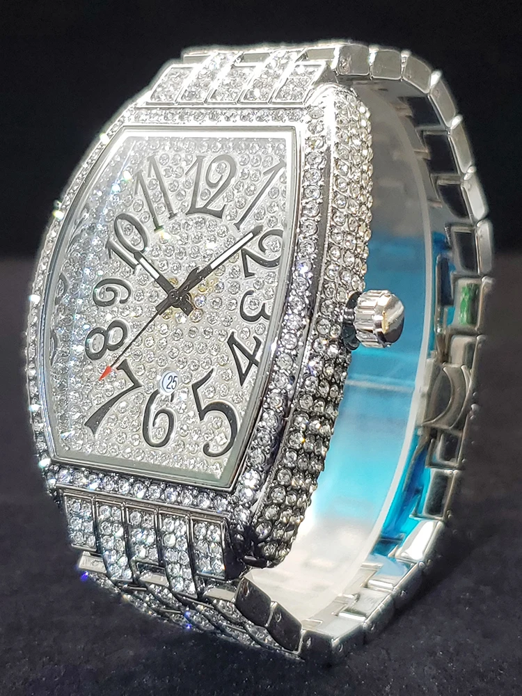 

Large Men Quartz Watches Tonnea Blue Dial Men's Watch Iced Diamond Luxury Hip Hop Luminous Calendar Clock For Man Dropshipping