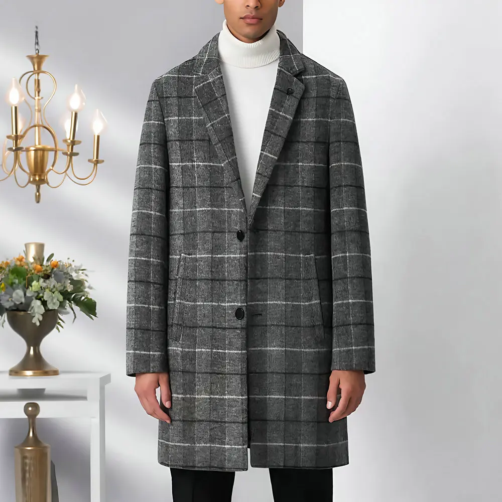 

British Style Men Checkered Overcoats Notched Collar & Back Split Design Essential Coat Gray Khkai Blue Woolen Blend Topcoat