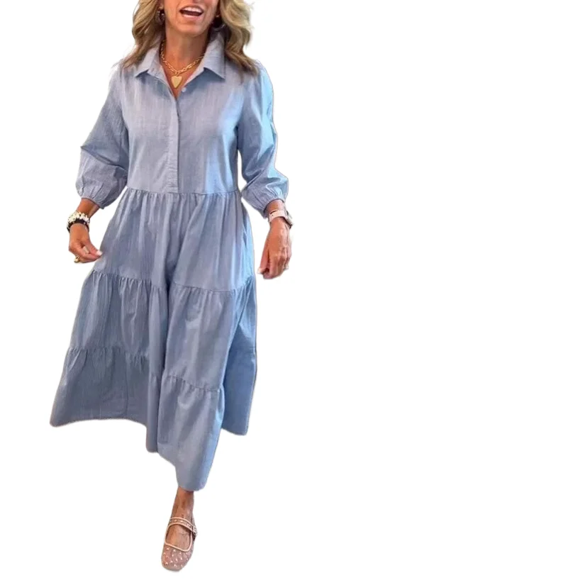 

Casual Loose Dress For Women Fashion Solid Long Sleeve V Neck Button Pullover Dresses Robe Femme Autumn Winter Holiday Clothes