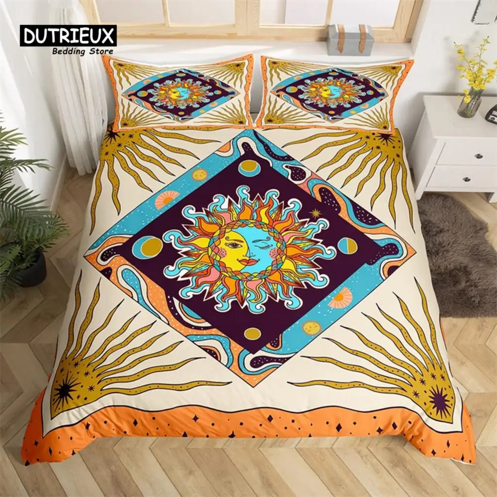 

Sun And Moon Duvet Cover King Queen Starry Sky Galaxy Trippy Bedding Set For Kids Adults Microfiber Boho Geometric Quilt Cover