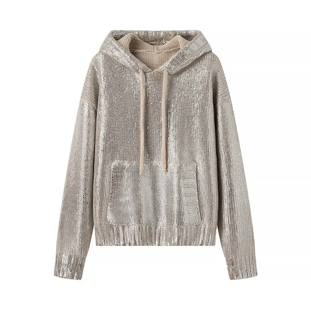 

Silver Metal Rib Hooded Long Sleeve Drawstring Pullover Sweater New Arrival from Europe And the United States for Women