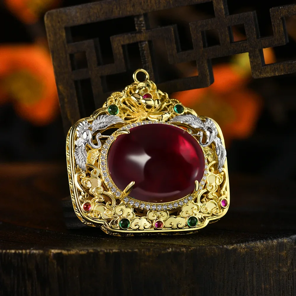 

HOT SALE S925 Silver Retro Chinese Style 20ct Egg Shaped Nurture Red Treasure 18 * 22 Luxury Pendant Necklace Wedding Jewelry
