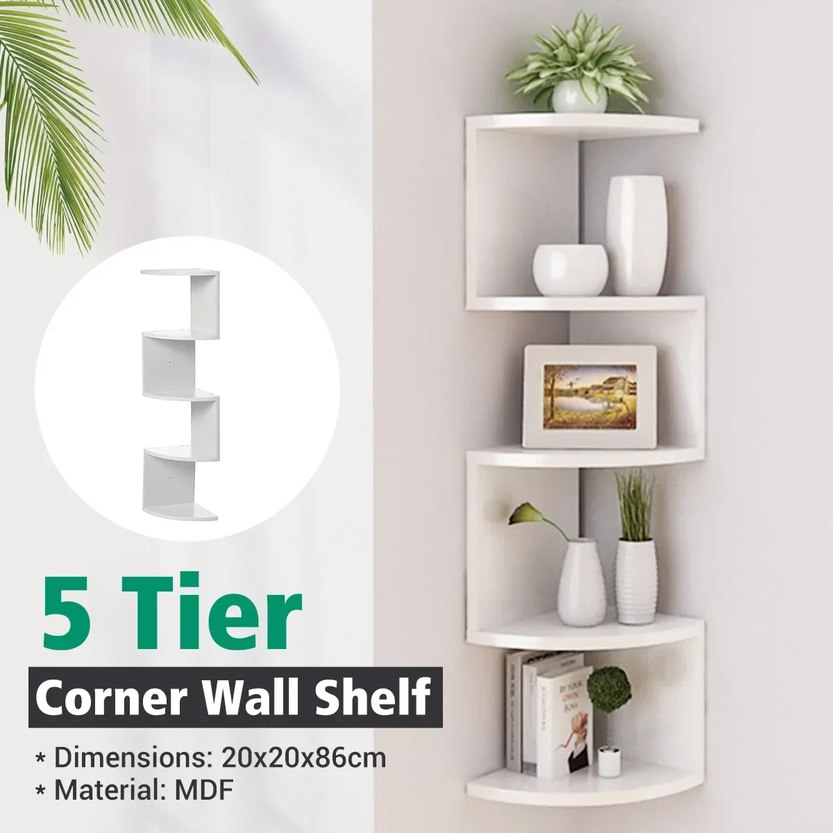 

5-Layer Zigzag Corner Bookshelf Storage Rack Wall Mount Bookcase Wall Organizer Storage Shelf Save-space Kitchen Storage Cabinet