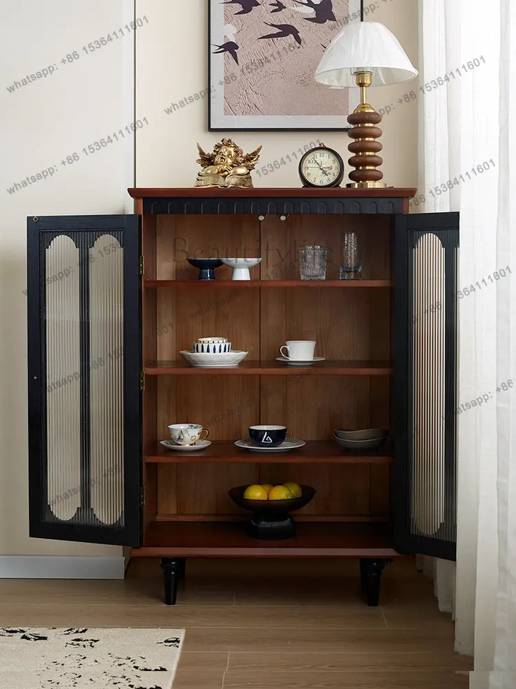 French retro solid wood glass wine cabinet shows American style against the wall
