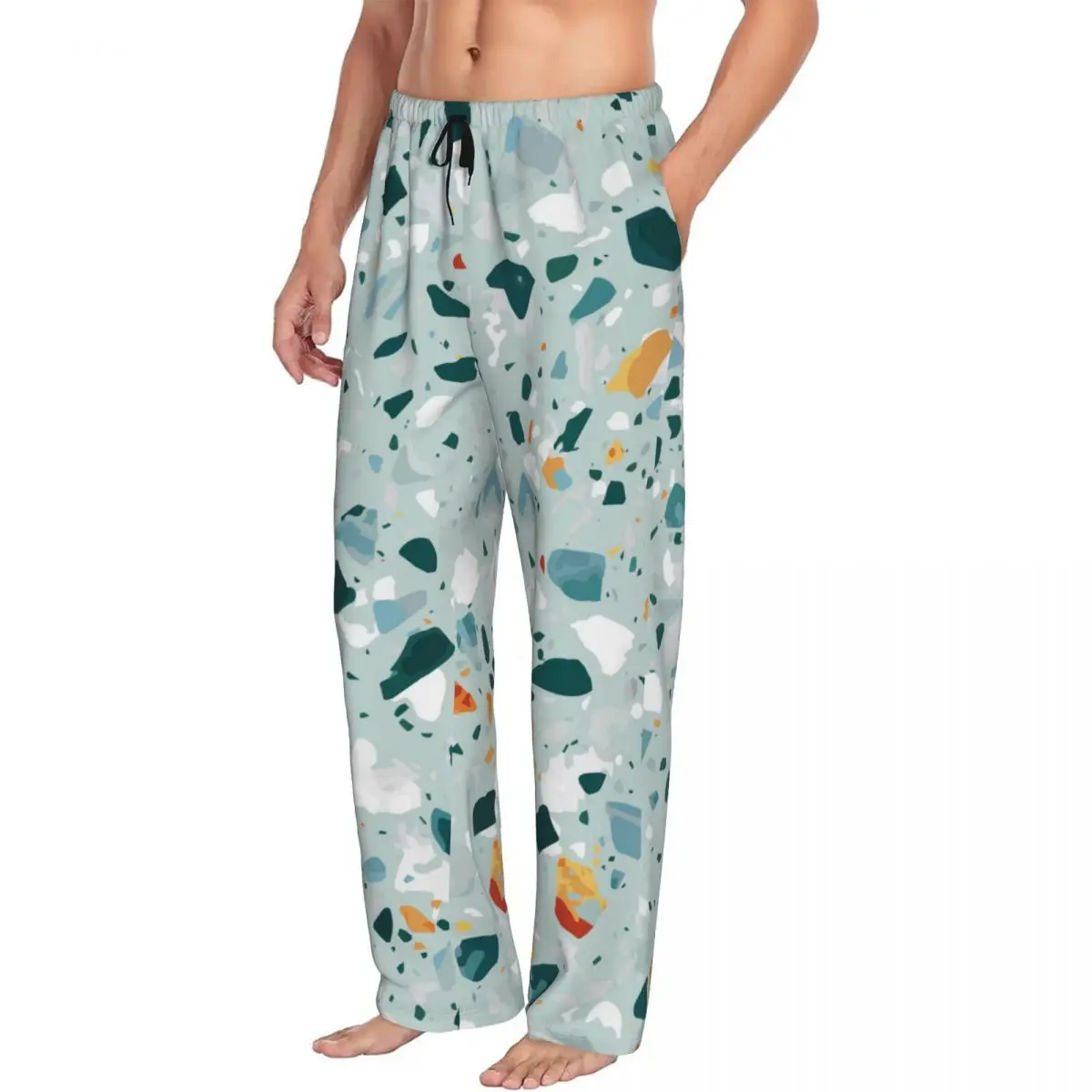 Custom Printed Men's Pajama Pants Terrazzo Stone Teal Print Sleepwear Sleep Lounge Bottoms with Pockets