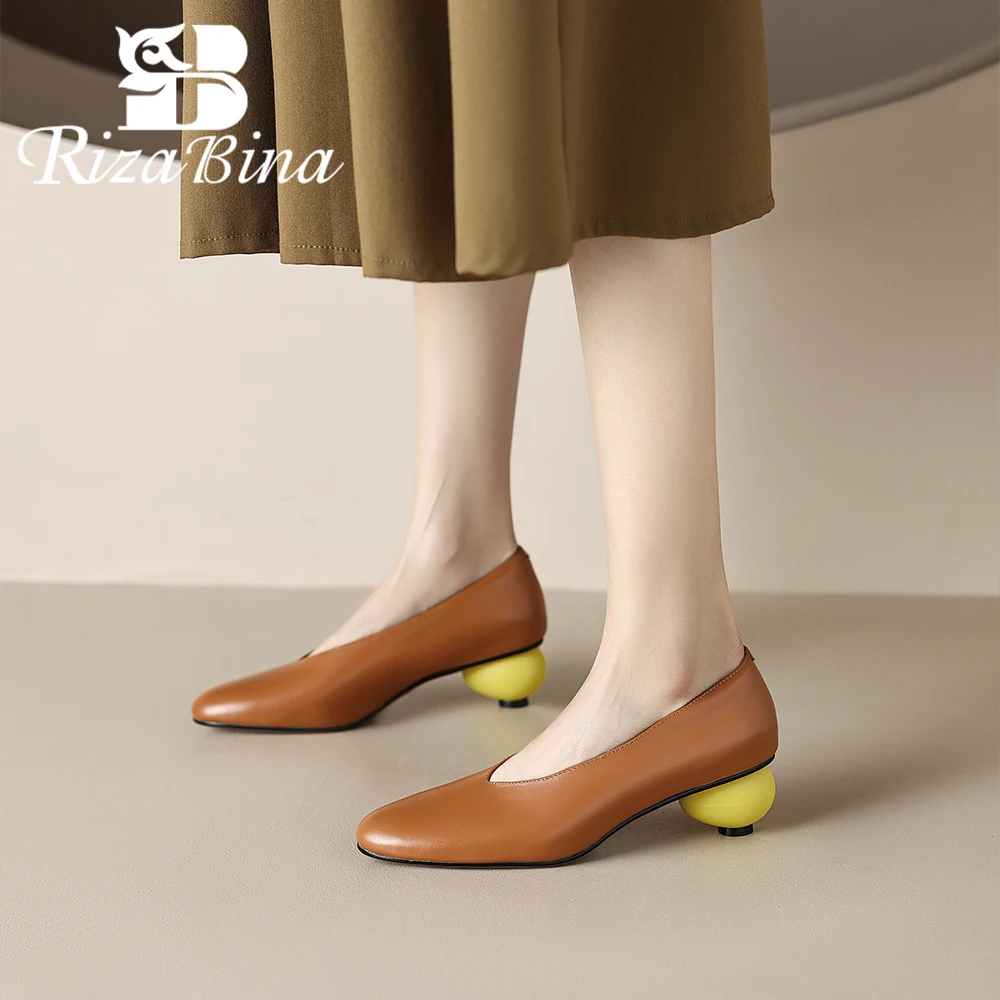 

RIZABINA Genuine Leather Pointed Toe Pumps For Women Mid Heels Shallow Mouth Casual Slip On Office Solid Vintage Granny Shoes