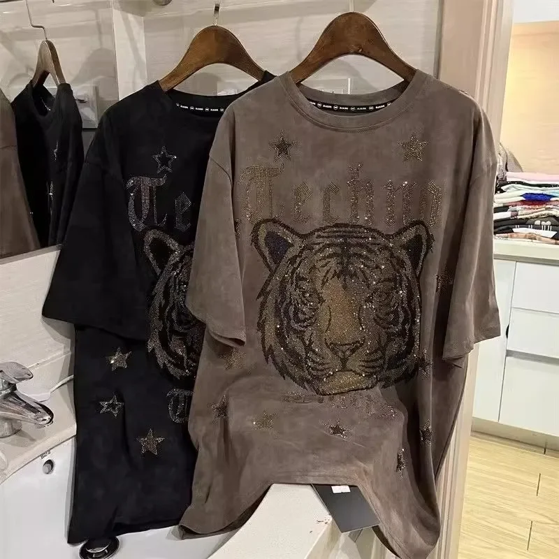 

L-4XL Plus Size Loose T-shirts for Women Cartoon Tiger Pattern Diamonds Summer Short Sleeve Tops Womens Clothing Ropa Mujer