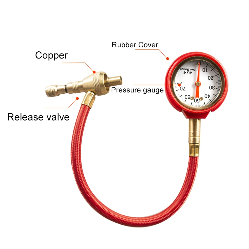 Wskaźnik ciśnienia w oponach ciśnieniomierz maszyna do deflacji opon 4x4 długa rurka detektor samochodowy motocykl ogólny środek deflacyjny 0-70psi