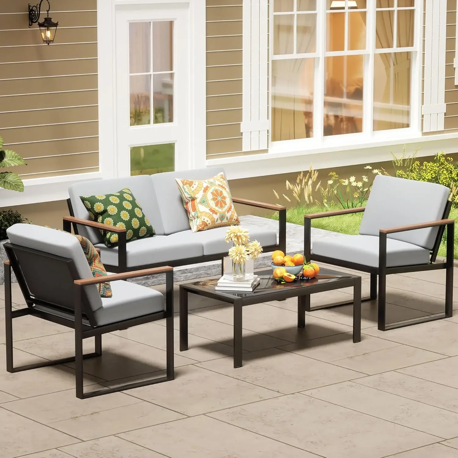 NATURAL EXPRESSIONS 4 Pieces Patio Sets Outdoor Metal Sectional Furniture Modern Conversation Set Fuaxwood Anti-Scald Armrest