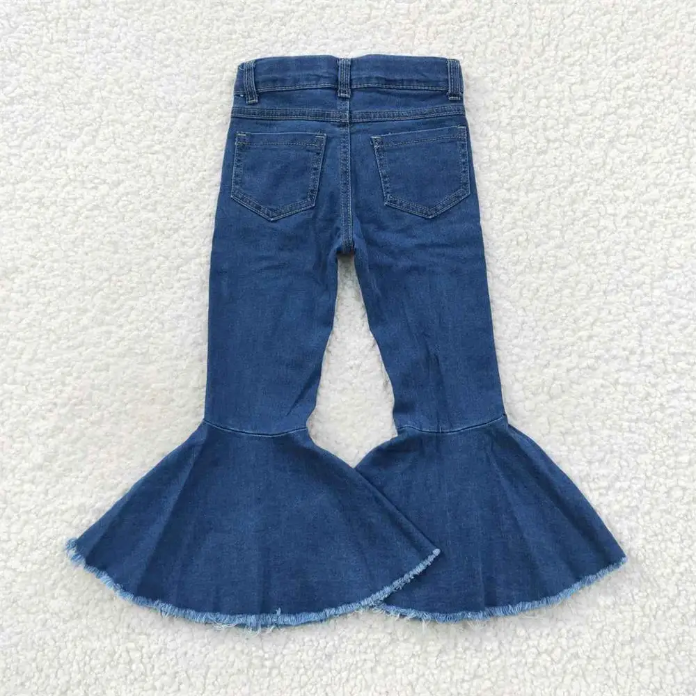 Wholesale Kids Infant Pocket Blue Ripped Denim Children Jeans Toddler Zipper Bell Bottom Pants Baby Girl Trousers Clothing