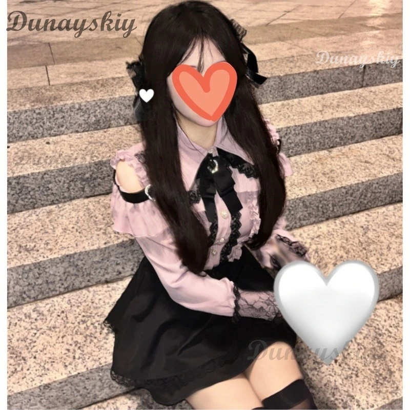 Jirai Kei Lolita Outfit Girls Long Sleeve Bow Shirt Skirt Set Womens Kawaii Y2K Japanese Aesthetic Casual Wear view 5