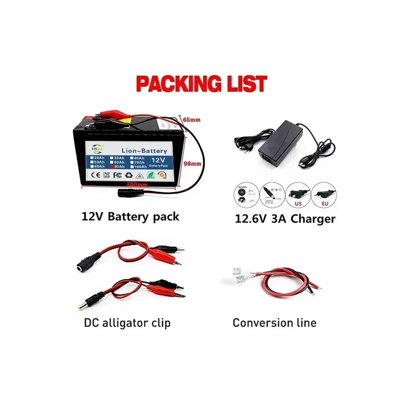 Upgraded 12v 70Ah Li Ion 18650 Battery Electric Vehicle Lithium Battery Pack 9V- 12V 35Ah 120Ah Built-in BMS 30A High Current