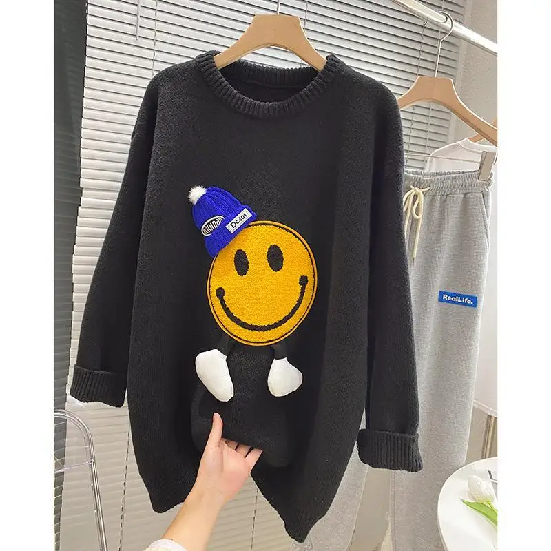 2023 New Women\'s Coat Smiling Face Sweater Knit Tops Plus Size Autumn Clothing Pullovers Korean Style Clothes Sweaters Jumpers