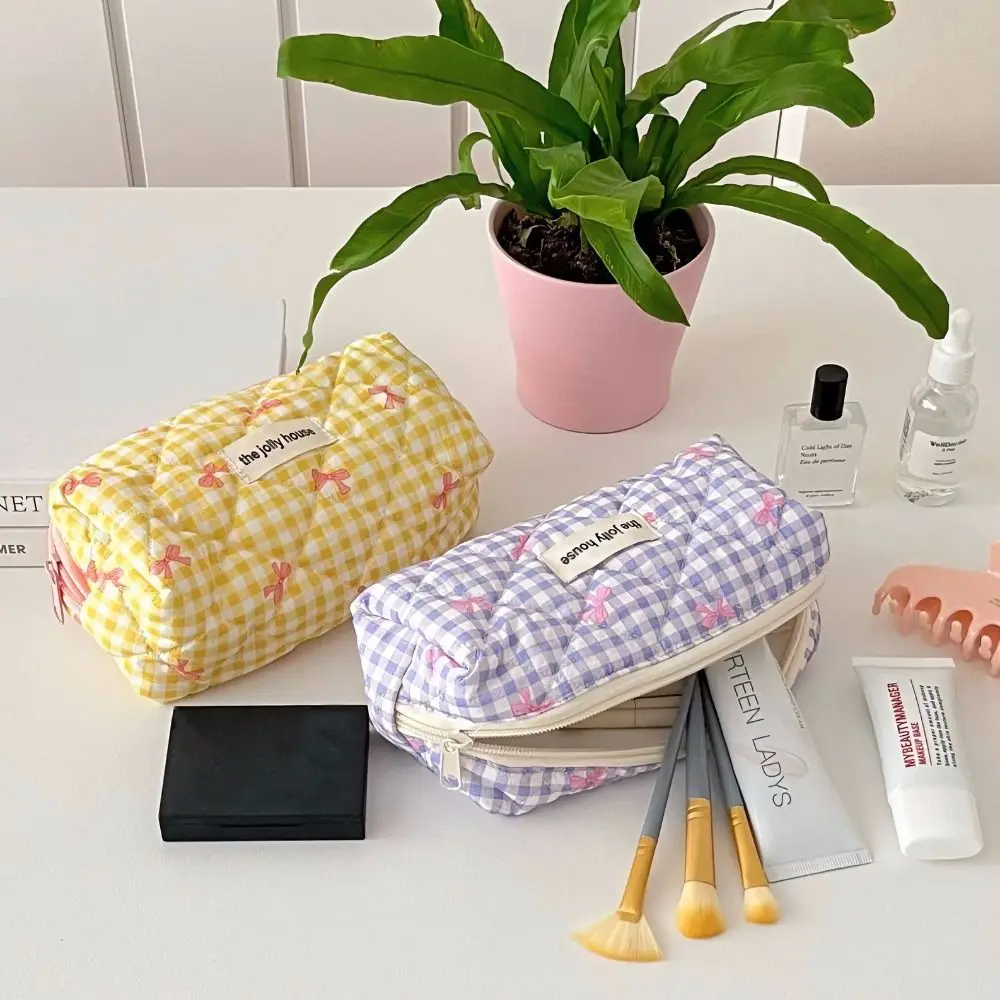 Kawaii Korean Cute Pencil Bag Pink Purple Small Checkered Fresh Style Pencil Cases Student Large Capacity Cosmetic Storage Bag