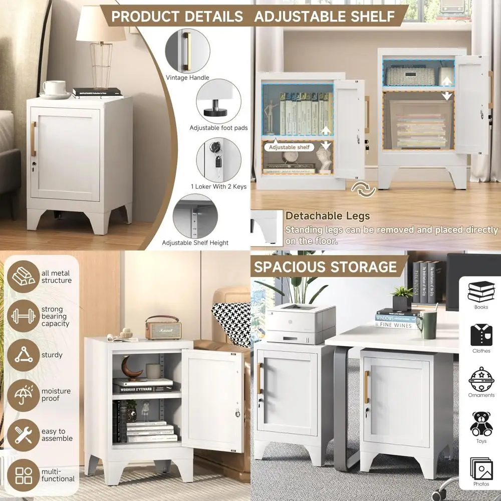 

White Metal Lockable Nightstand Cabinet with Adjustable Shelf for Home, Office, and More