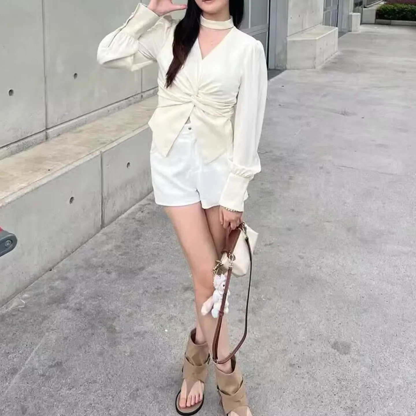 Faionable V-ne Long Sve irt Dames Winter Nieuw Sle Eenvoudig Matchable Ne Hangende taille-cinching Patchwork irt