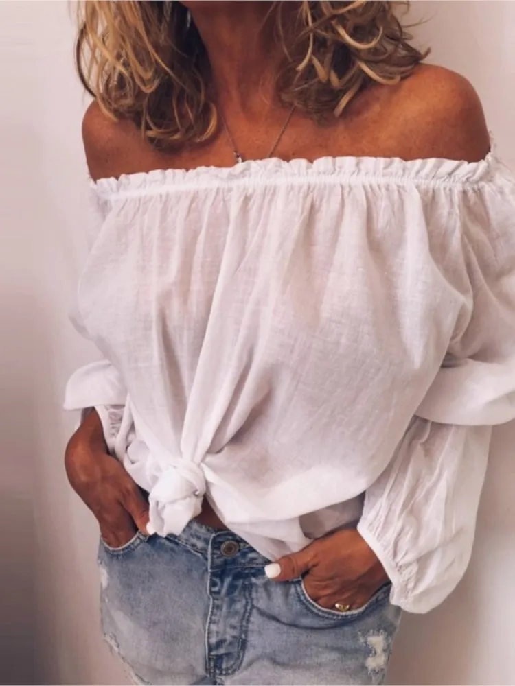 Spring Summer Off-shoulder Long Sleeved Solid Color Blouse Loose Top Women\'s Shirt New Elegant Casual Tops 2024